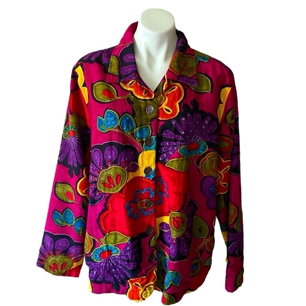 Vintage Life Style Woman Colorful Floral Jacket Size 2X Cotton Blend Plus Size